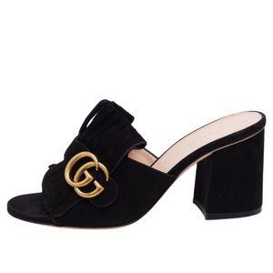 Gucci Kid Scamosciato GG Marmont Fringe Mid Heel Slide Sandals in Black